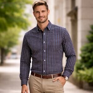 Forsyth of Canada Mens M Wrinkle Free Dress Shirt Blue Brown Check Button Front